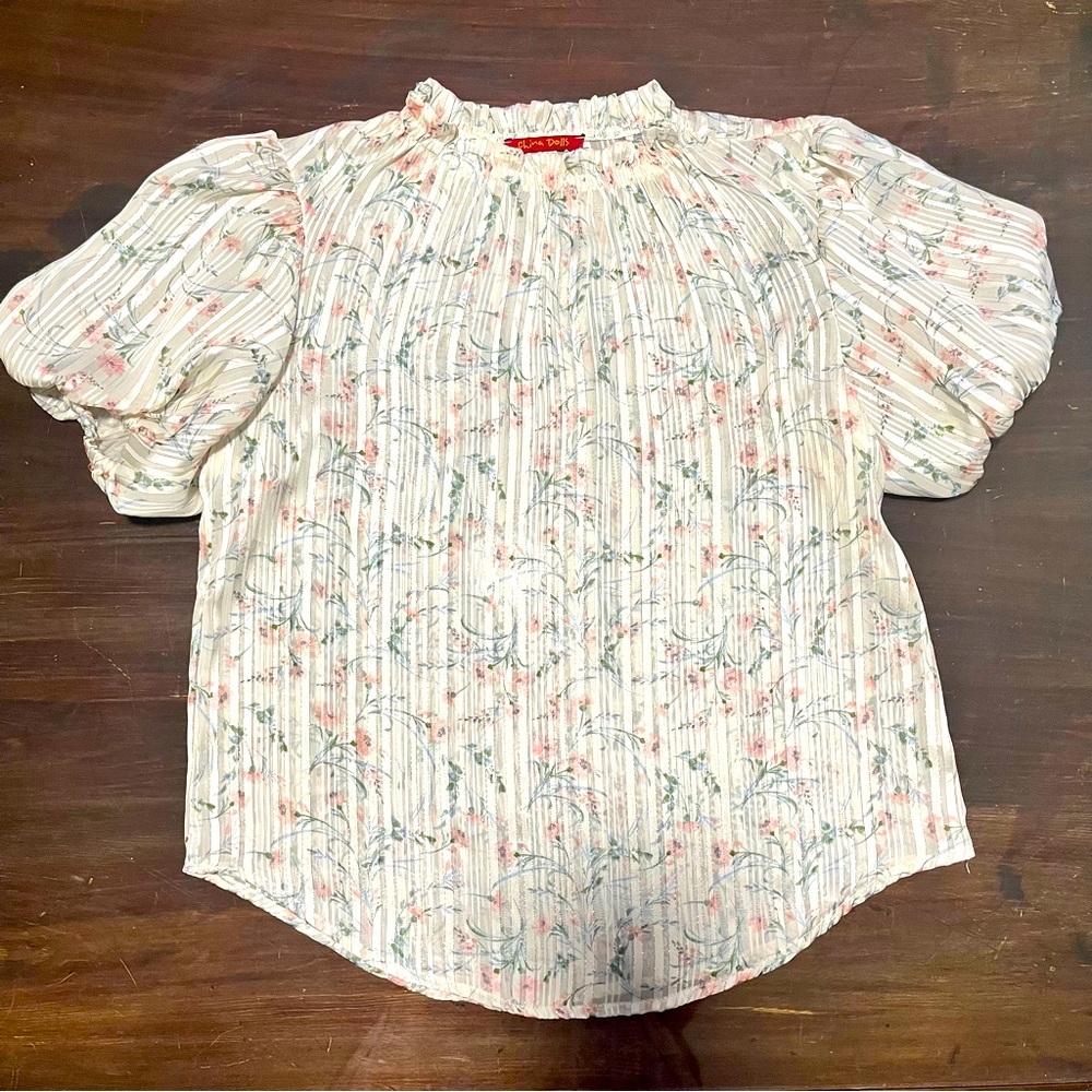 Sheer Floral Puff Sleeves Blouse China Doll L